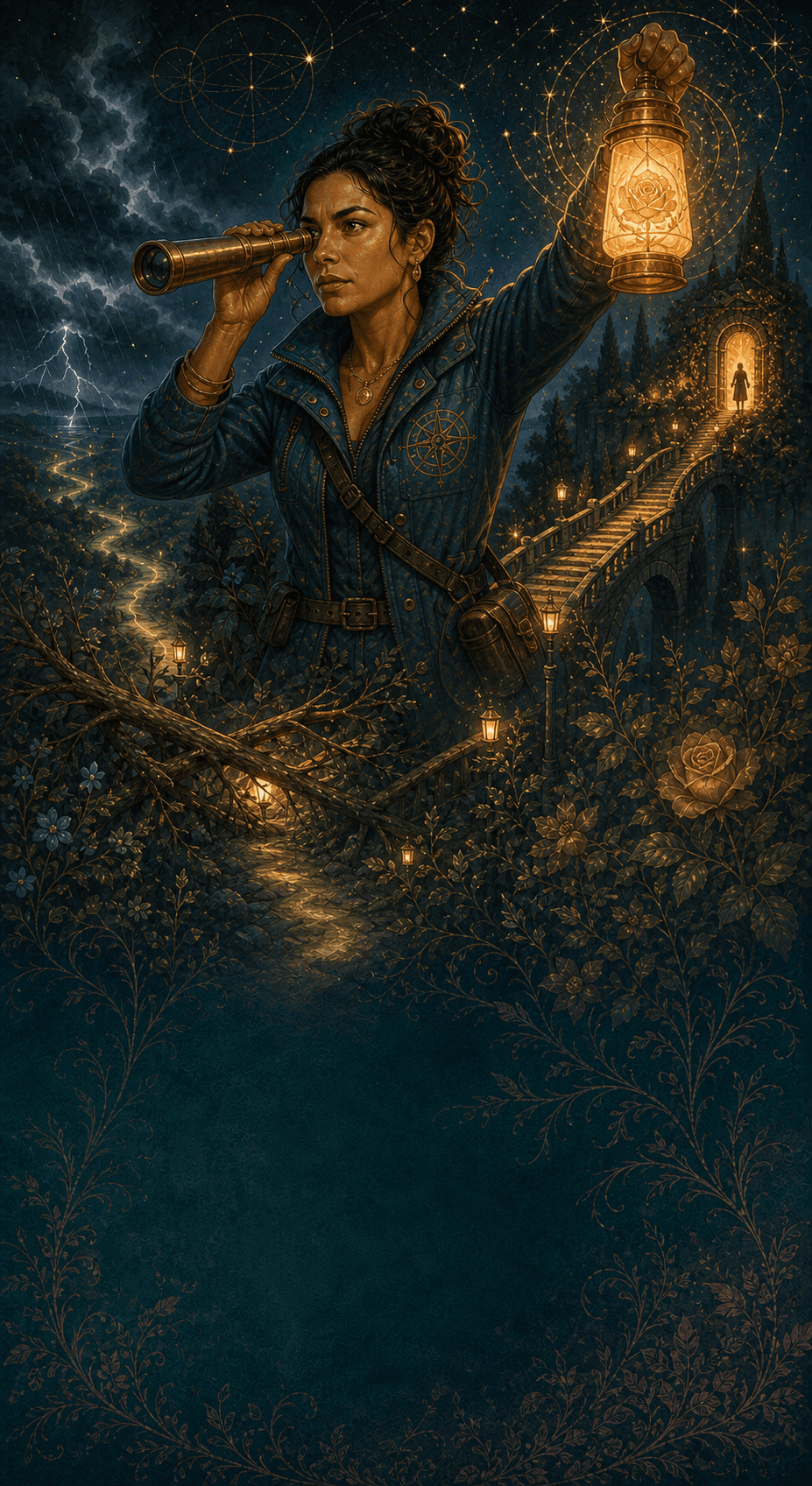 A scout uses a telescope beside a lantern on a branching night path.