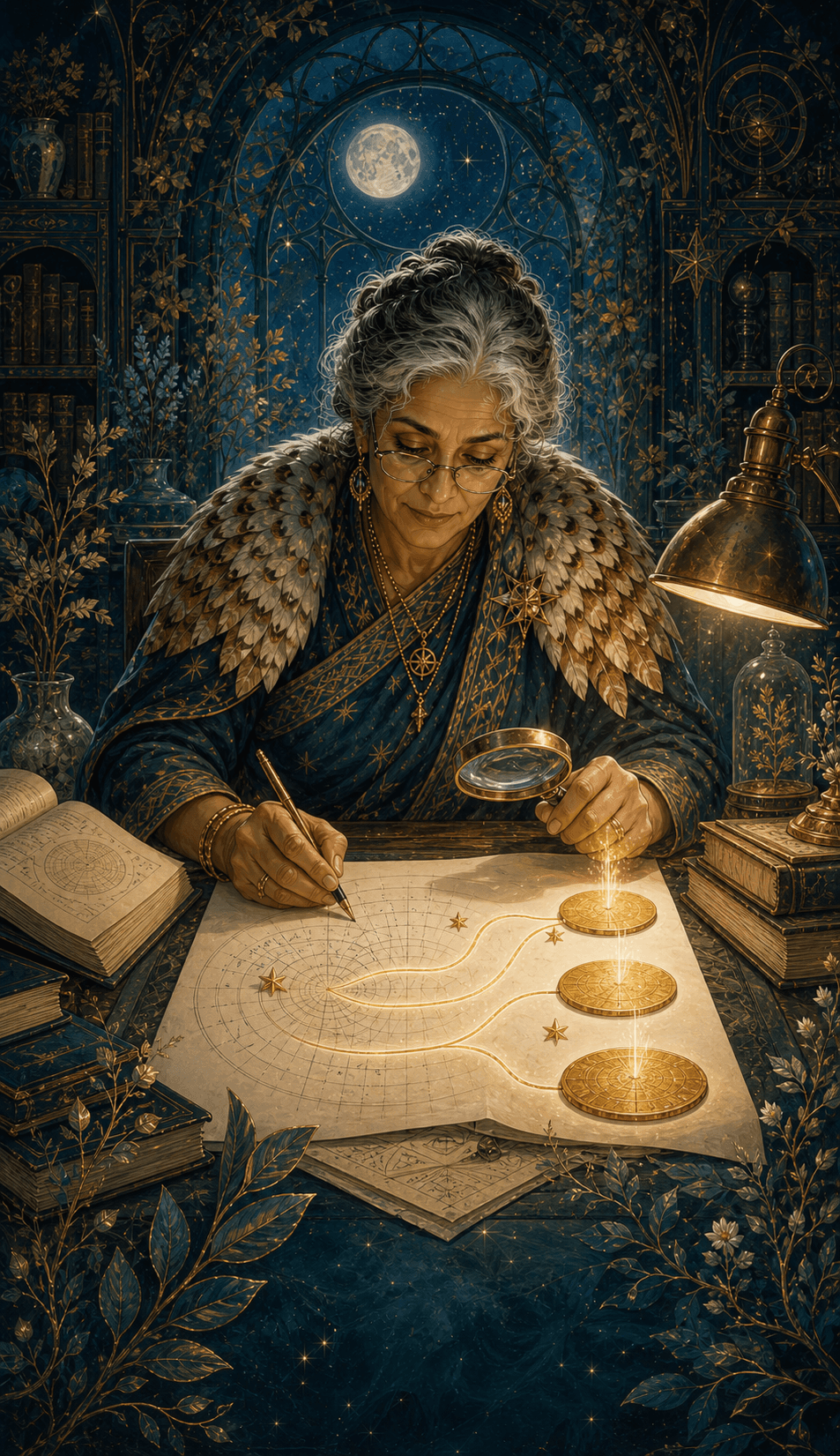 A studious older woman writing and inspecting celestial diagrams with a magnifying glass.