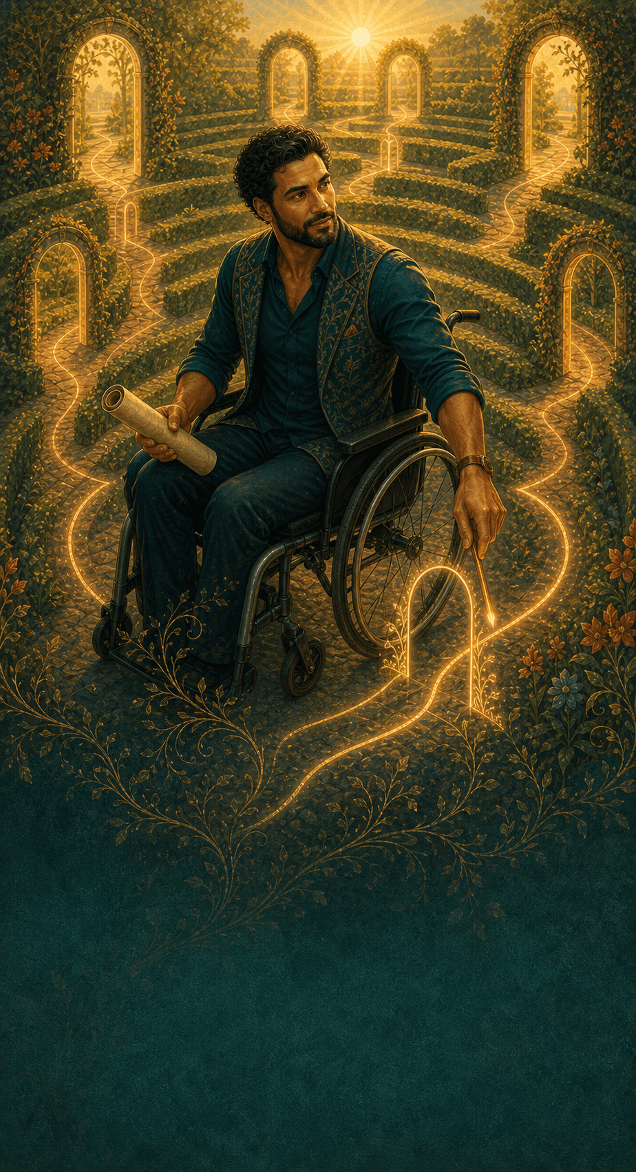A wheelchair user holds a map at the center of a glowing maze with several exits.