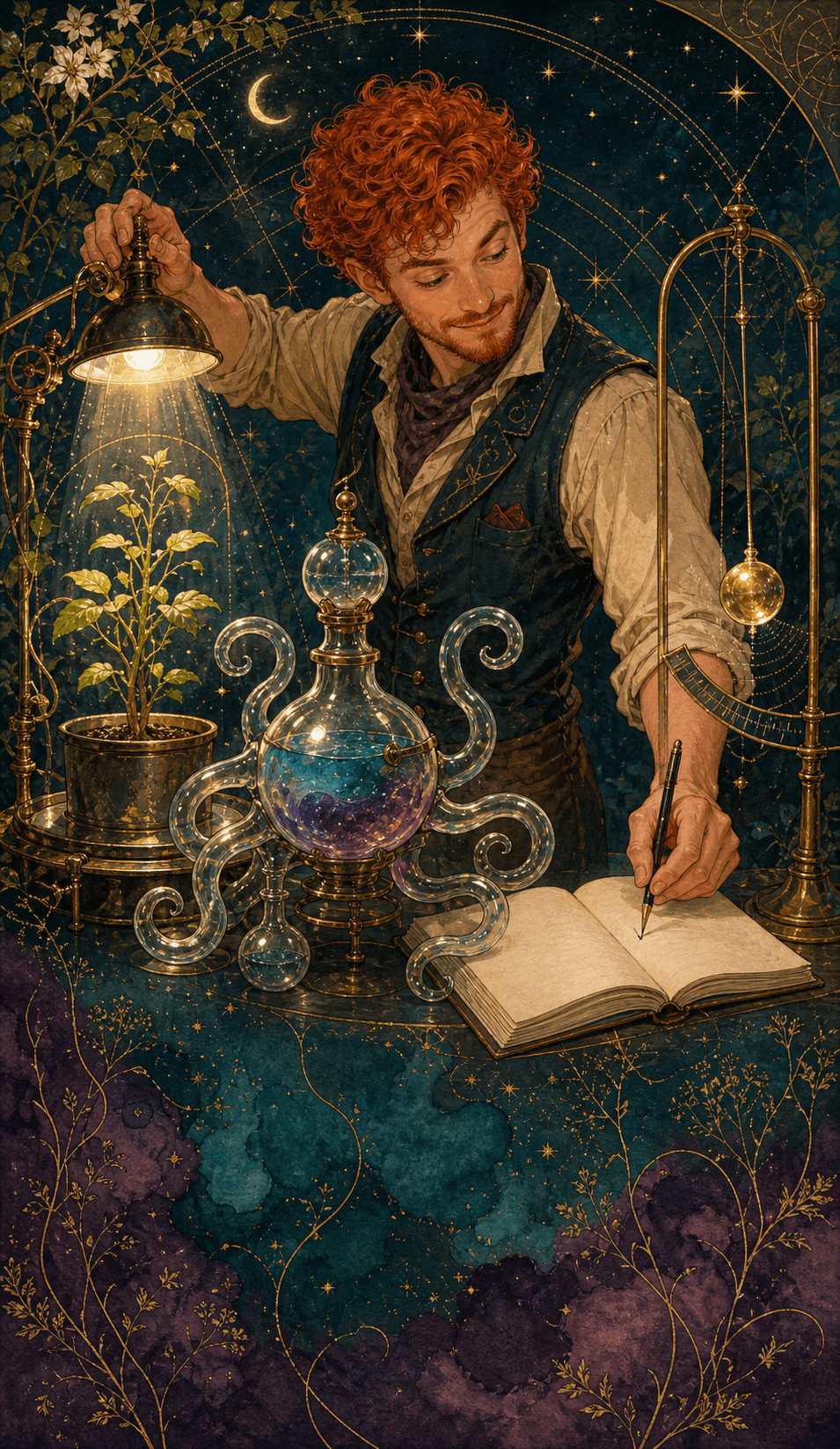 A red-haired man tending a glowing experiment while recording the results.