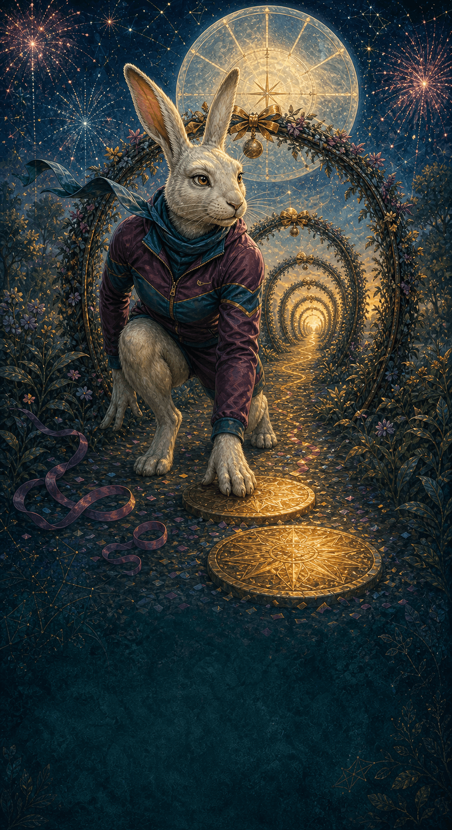 A white rabbit in running clothes steps onto a bright path beneath a starry sky.