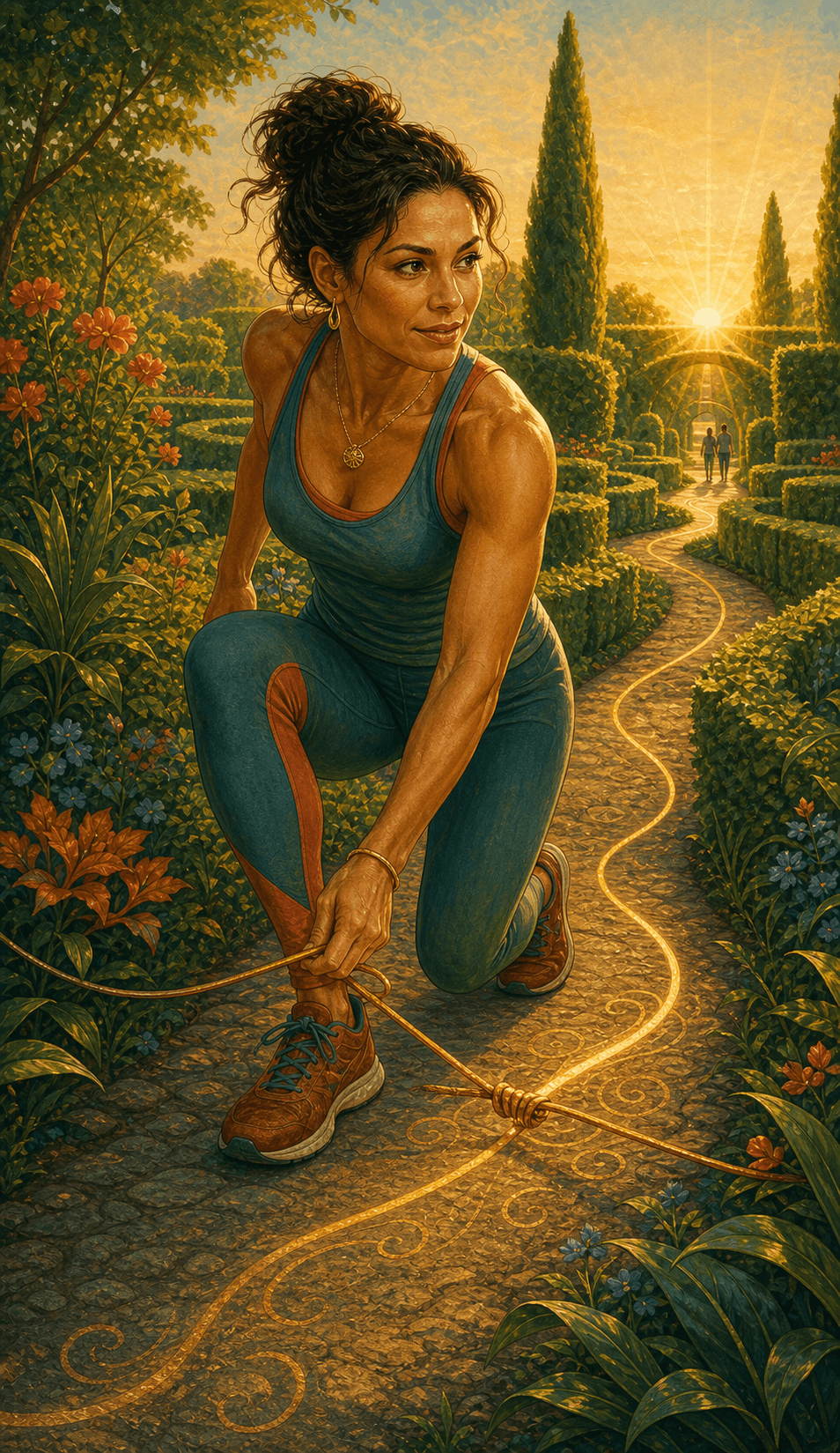 A fit woman kneeling at the start of a winding garden path.