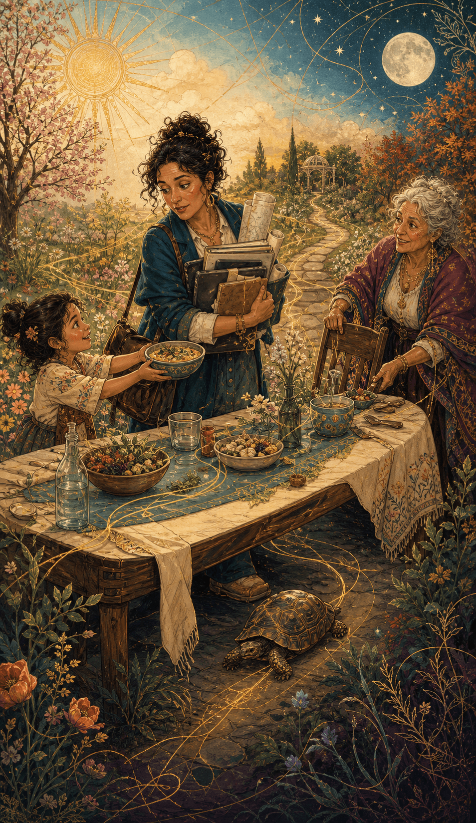A woman carrying books between a child, an older woman, and a long path through the seasons.