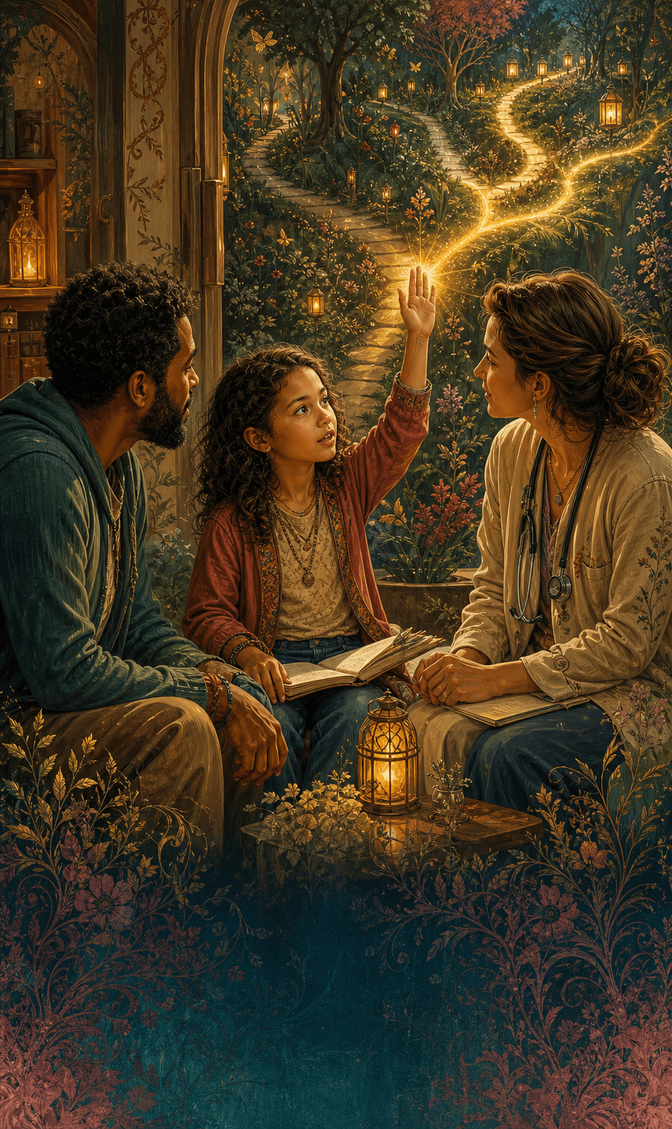 A child raises a glowing thread of light while three adults listen.
