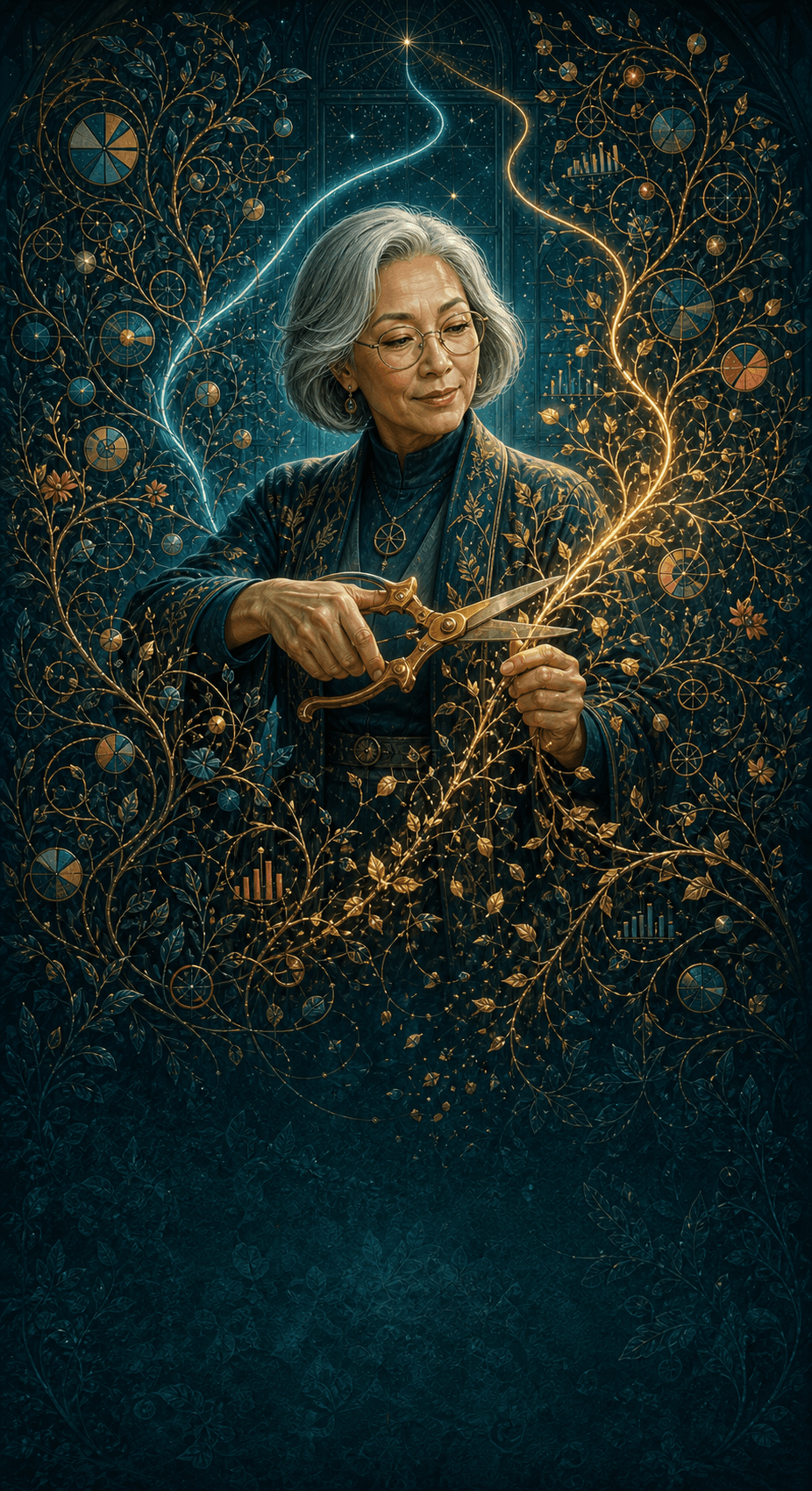 An older woman prunes a dense web of measures into a smaller set of clear signals.