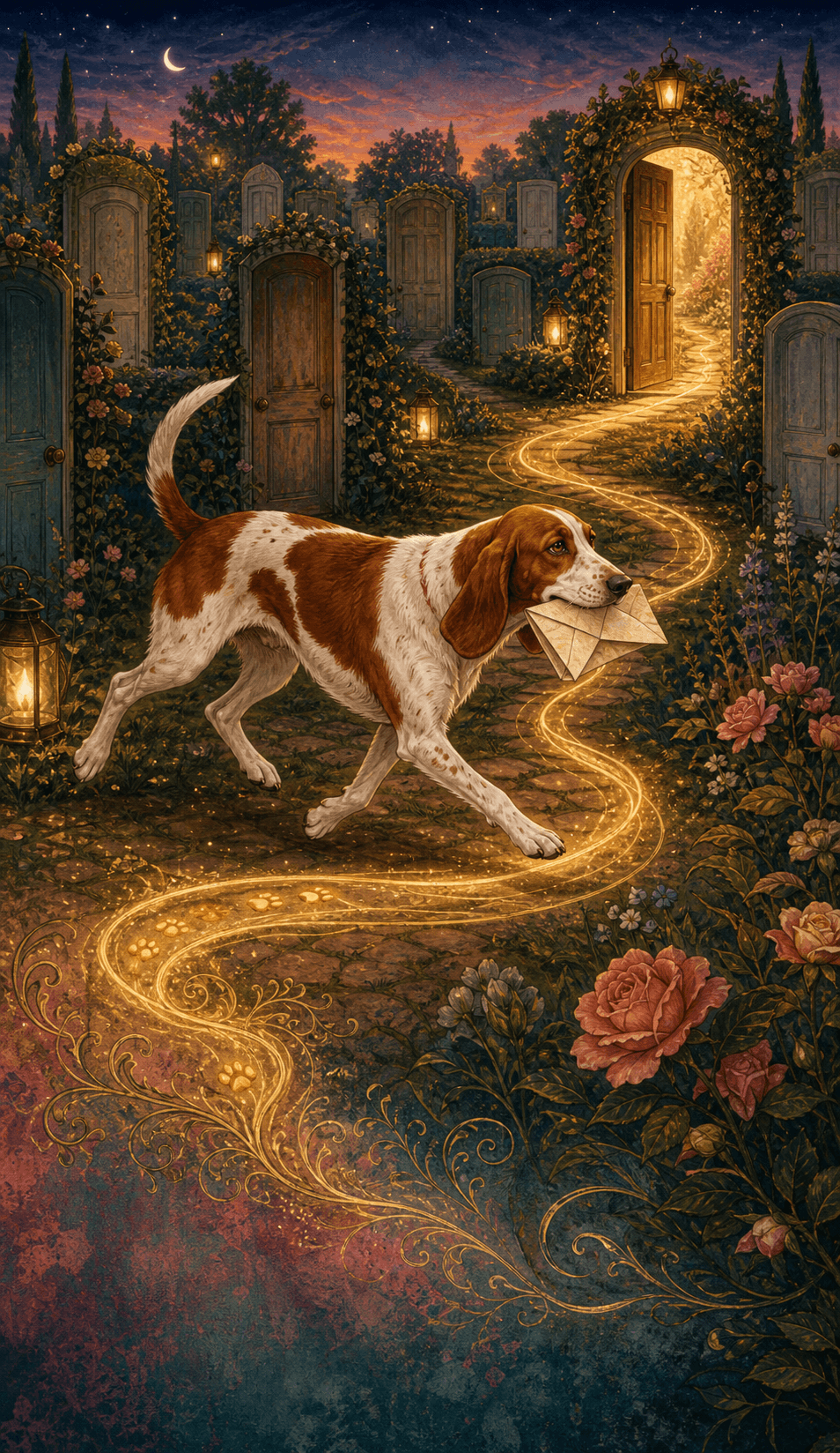 A hound carries a note along a lantern-lit path toward an open doorway.
