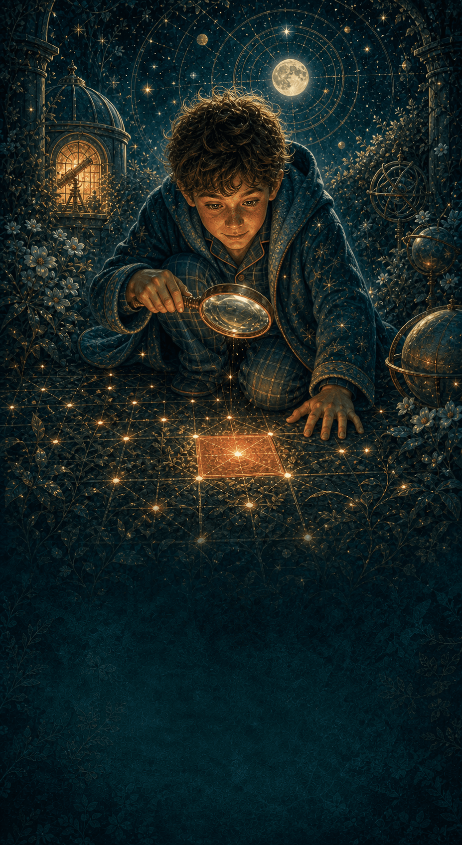 A young person studies one glowing signal with a magnifying glass under a night sky.