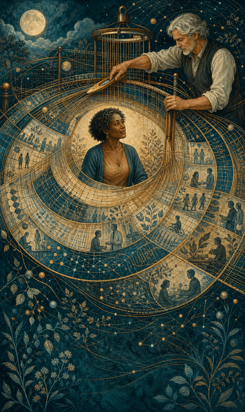 A woman at the center of a woven map of lab marks, timelines, and lived details.