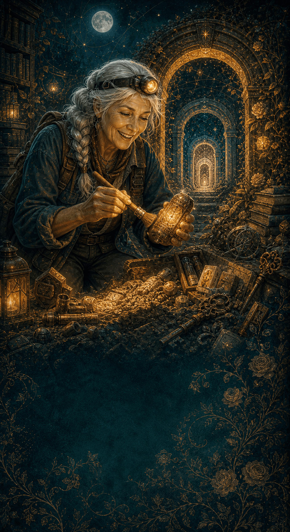 An older woman uncovers a glowing portal among layers of old messages and pathways.