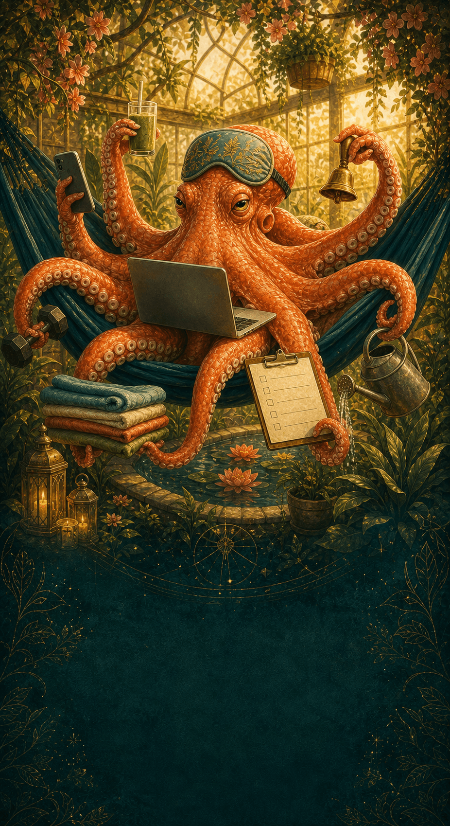 An octopus wearing a sleep mask while balancing a laptop, notes, and a long checklist.
