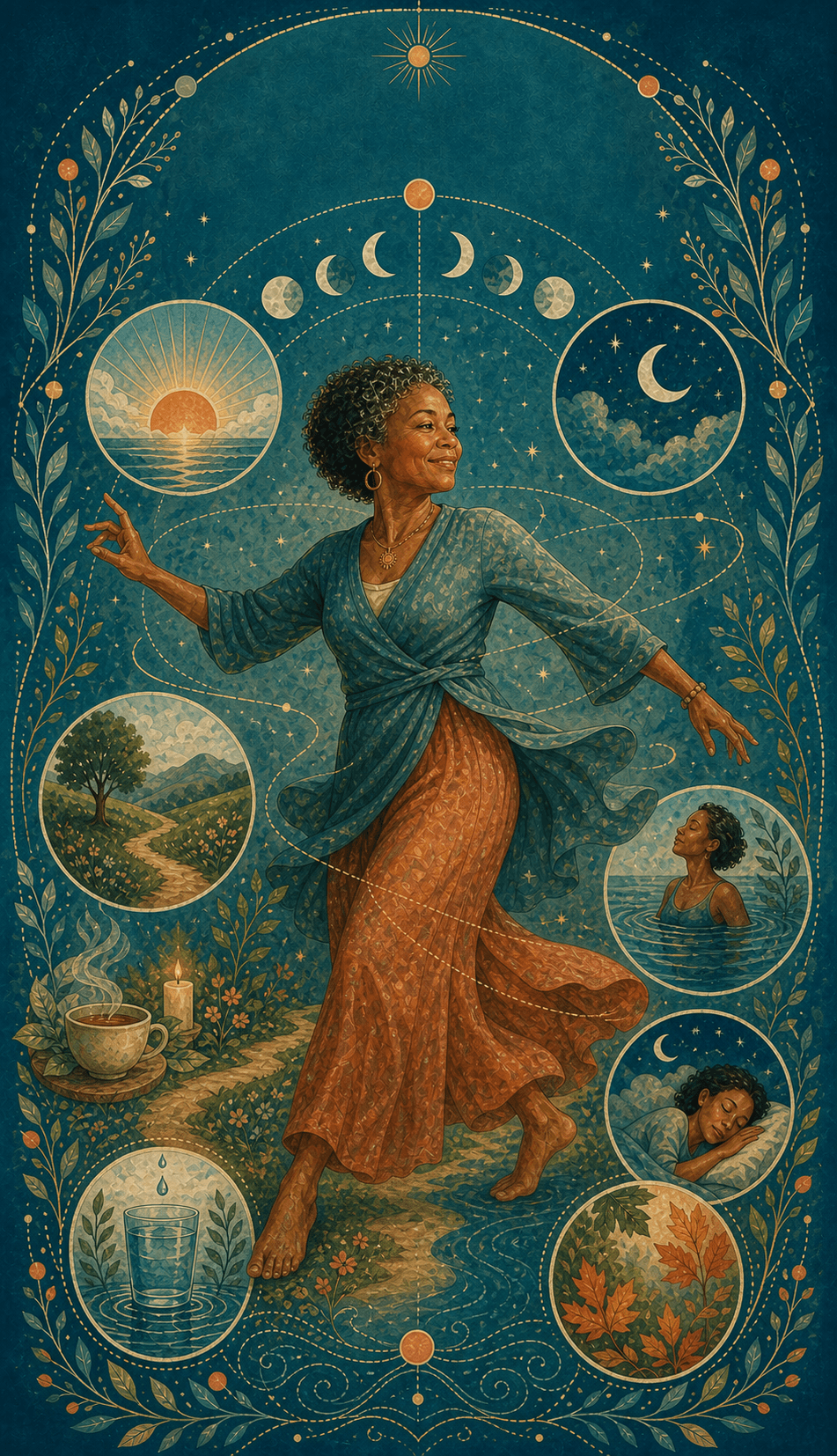A woman moving through a day-and-night landscape of restorative rituals