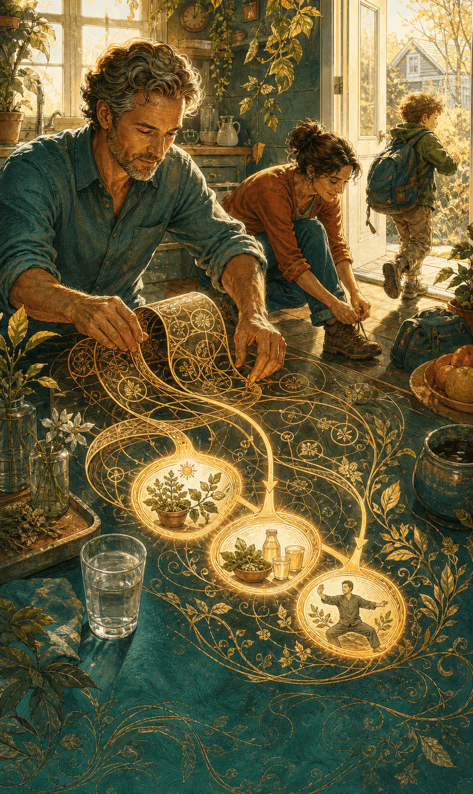 A man shaping a glowing plan at a kitchen table while family members move through a busy morning.