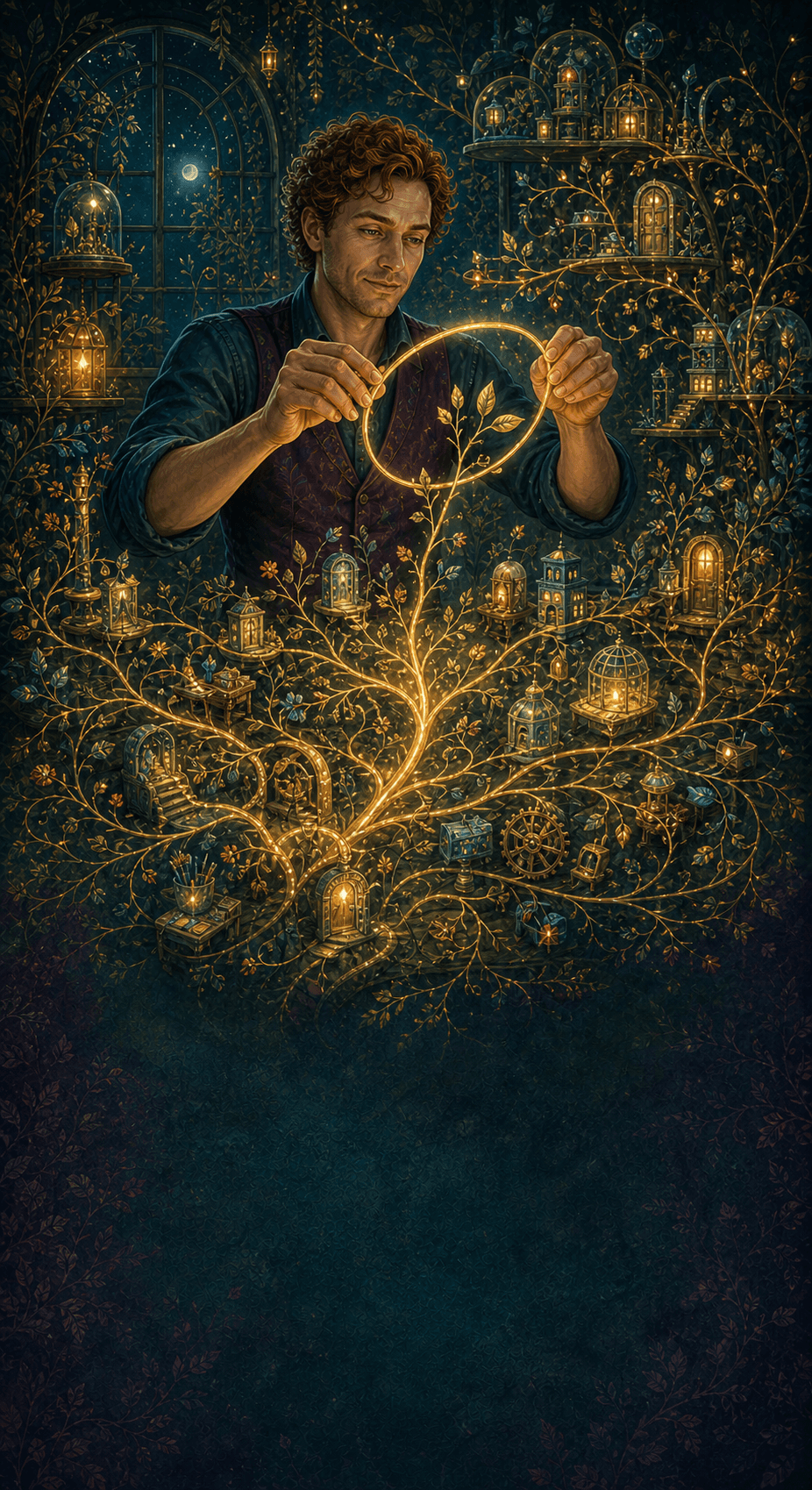 A man shapes a clear golden boundary around a branching garden of ideas and tools.