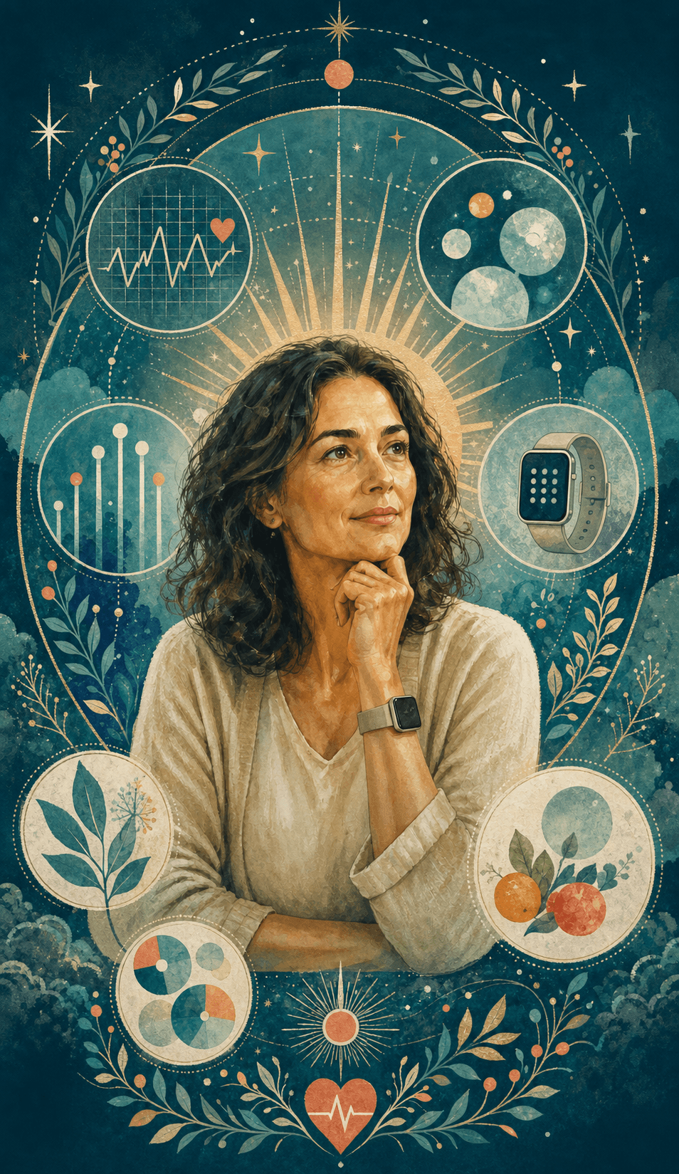 A woman studying health signals among stars, plants, charts, and a watch