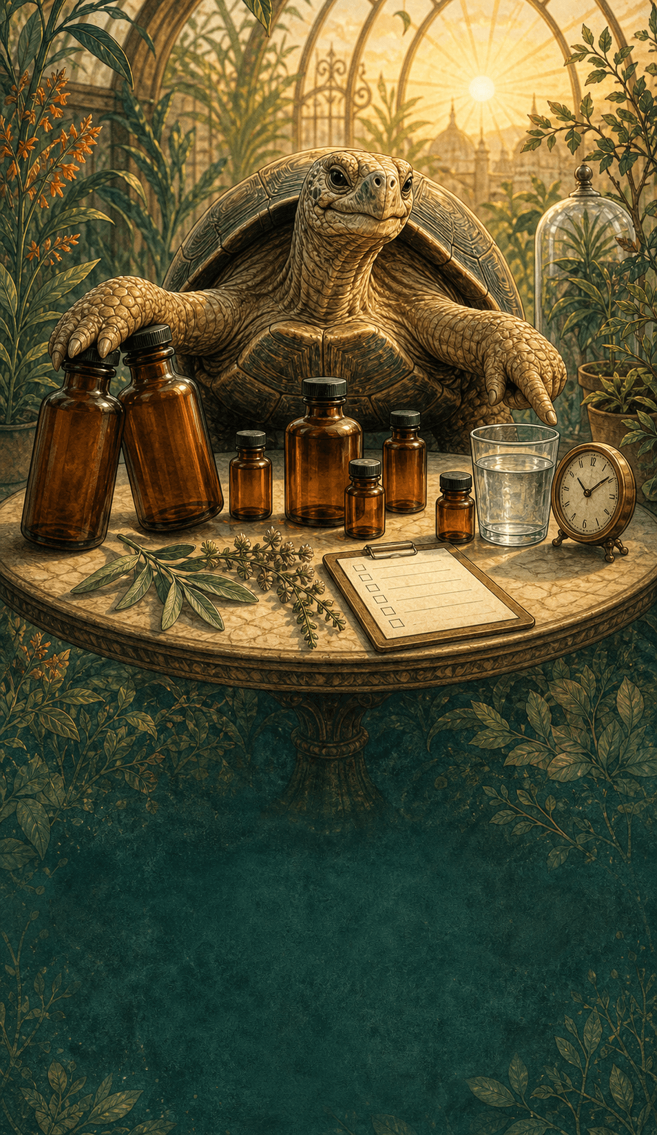 A tortoise arranging amber bottles, herbs, water, a clock, and a checklist at a sunlit table.