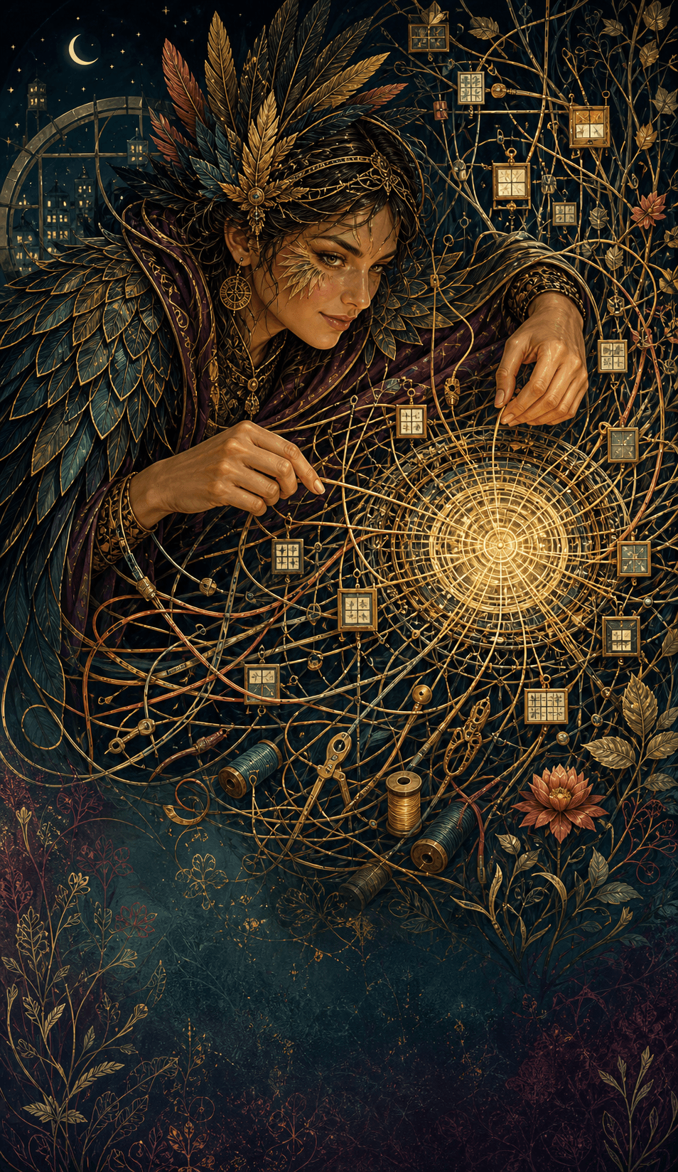 A feathered maker weaves many tools and golden threads into one connected system.