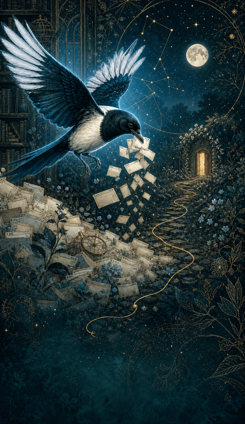 A magpie carrying loose health notes through a starry archive toward a glowing doorway.