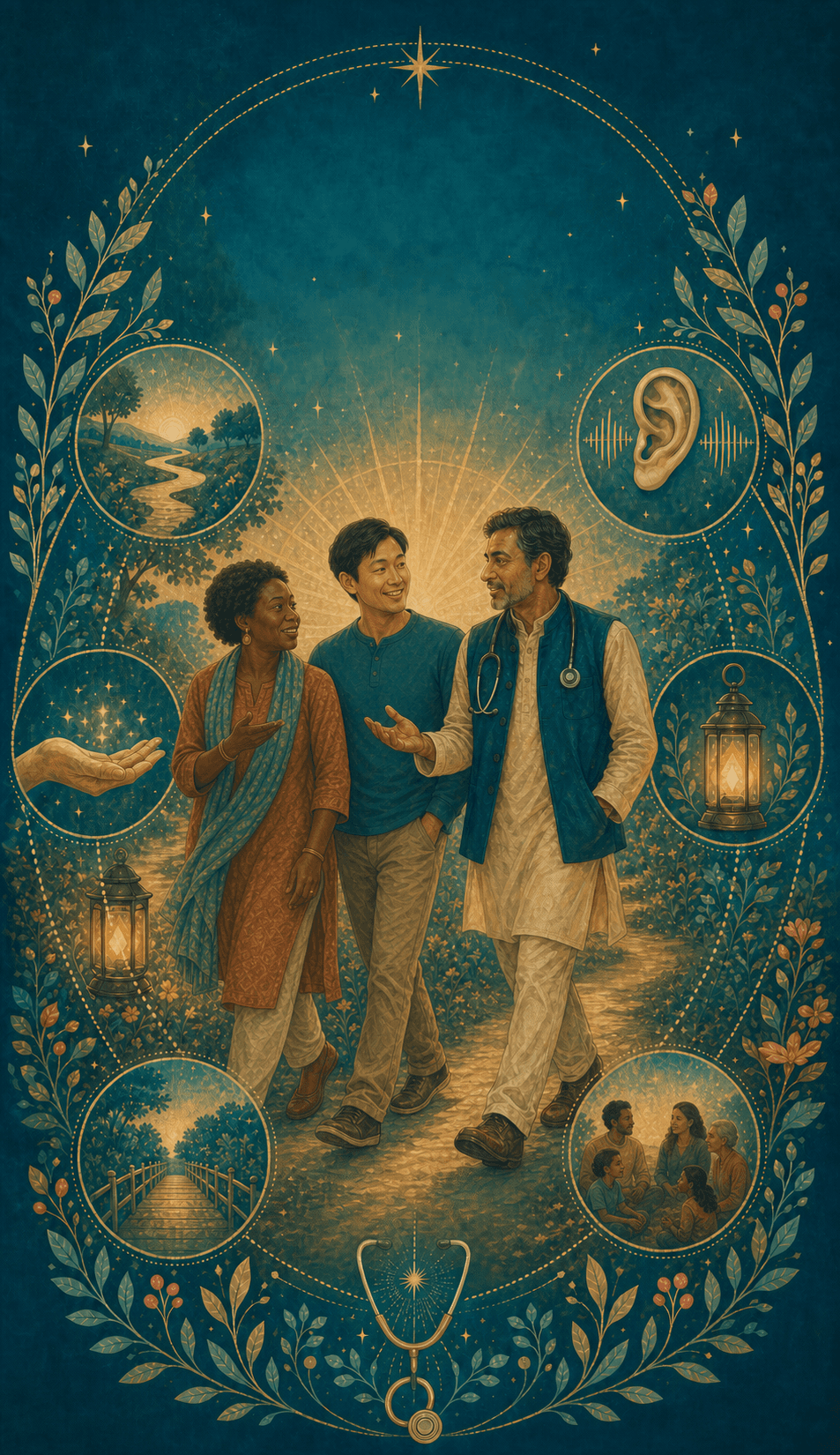A diverse group of health guides walking together along a lantern-lit path