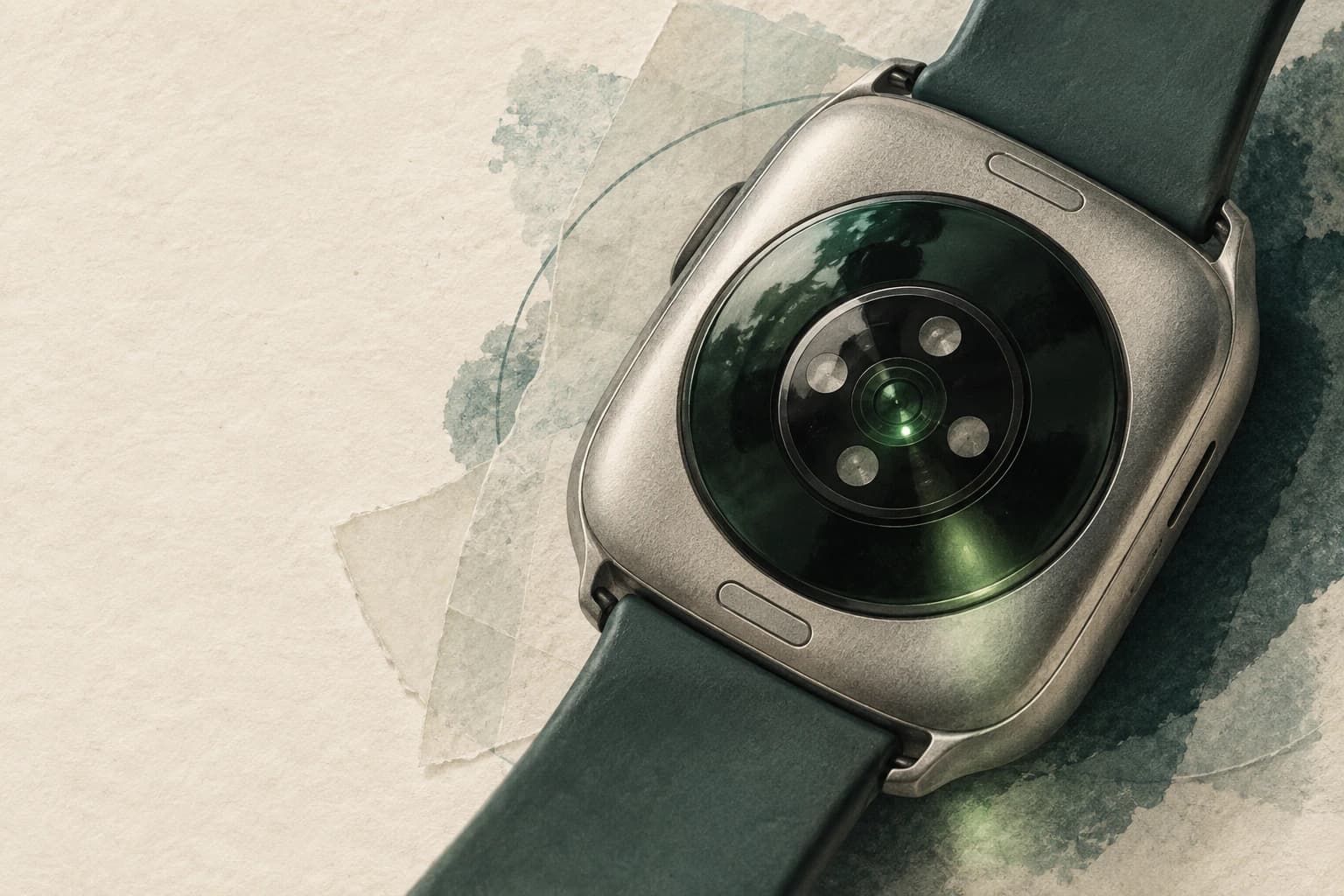 Editorial illustration of a smartwatch’s optical sensor on textured paper; not a product photograph
