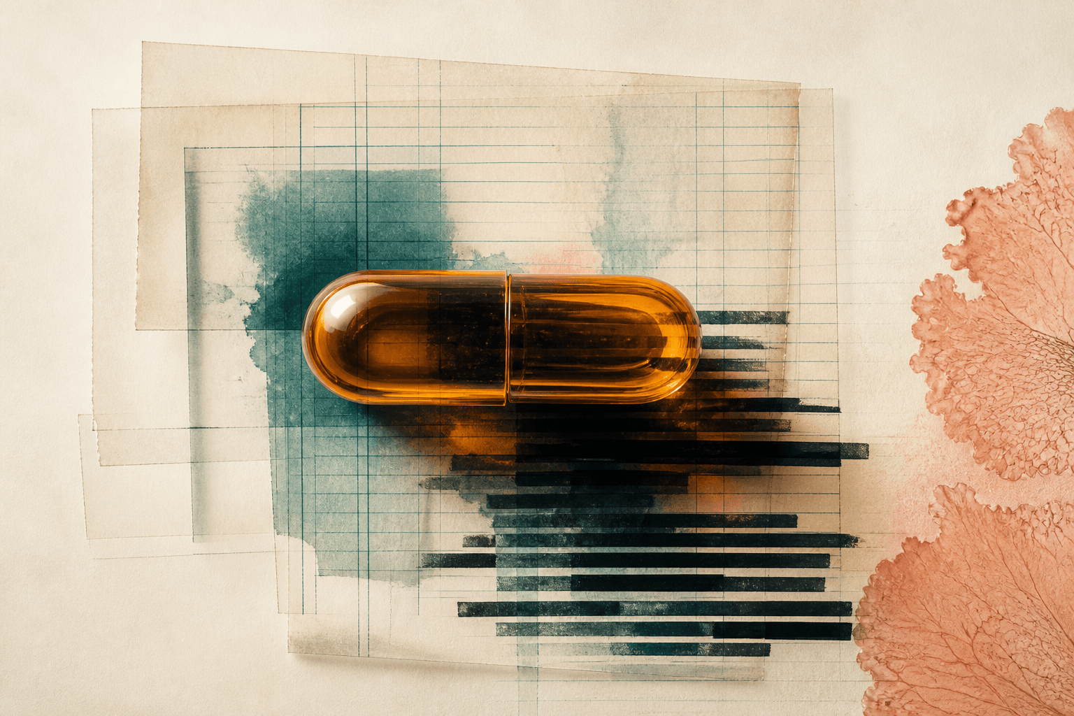 An amber glass capsule refracting ledger lines and redacted records in a mixed-media editorial artwork